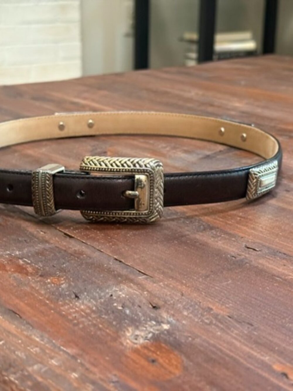 Brighton black leather belt with silver hardware and medallions